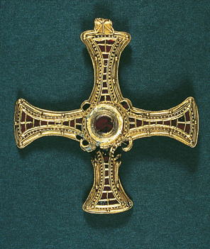  St Cuthbert's pectoral cross, one of the few items of value to have survived from the shrine, probably because the king's commissioners did not see it.  It is made of gold and garnets.